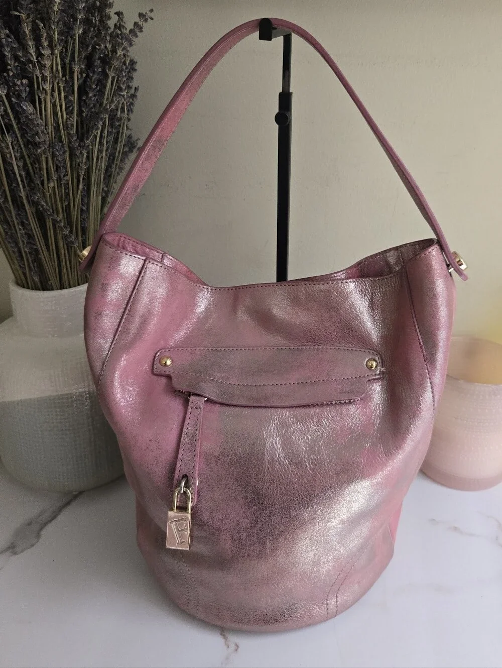 GUC Furla Pink Metallic Leather Hobo Bucket Bag With Strap
